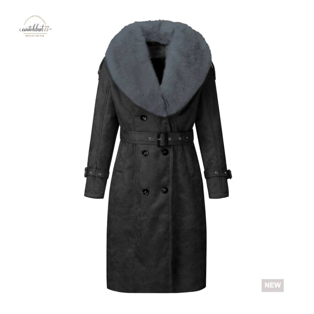 Faux Leather Puffer Jacket Trendy Winter Coat with Fur Collar and Belt